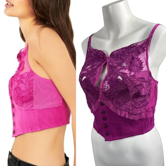 Free People My Heart Size L Raspberry Sherbert Corset Crop NEW Lace Cotton Tank - Picture 10 of 10
